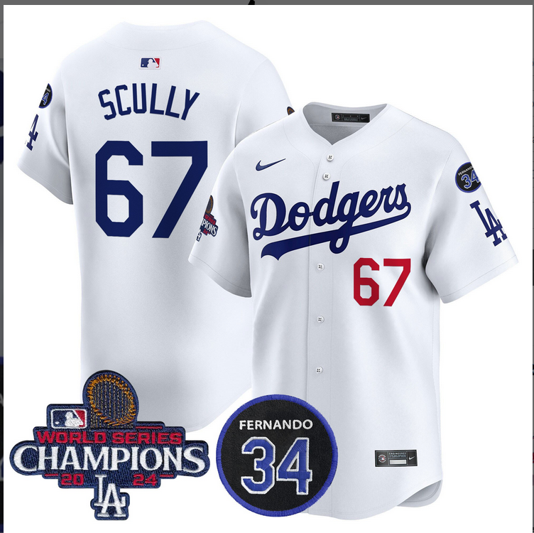 Men MLB Los Angeles Dodgers 67 Scully white 2024 World Series Champions Patch Limited Jersey